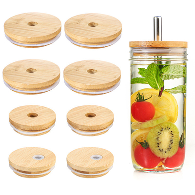 Silicium Ring Bamboo Airtight Lids Mouth Breed Mason Jar Glass Beer Can met Straw Hole