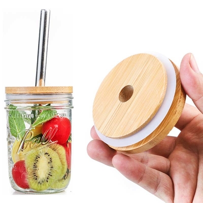 Silicium Ring Bamboo Airtight Lids Mouth Breed Mason Jar Glass Beer Can met Straw Hole